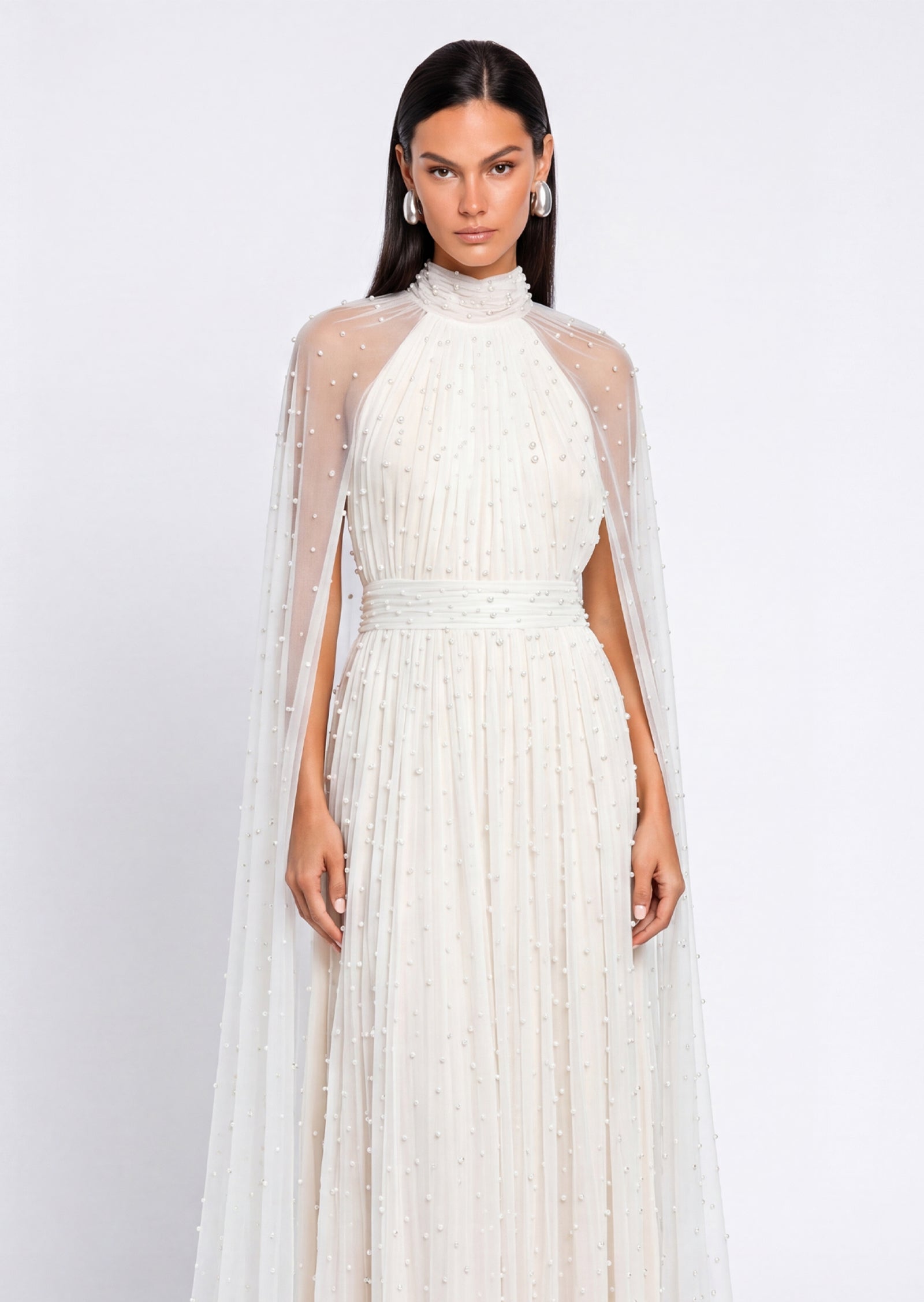 Layali Rose Cape Embellished Maxi Dress With Pearls