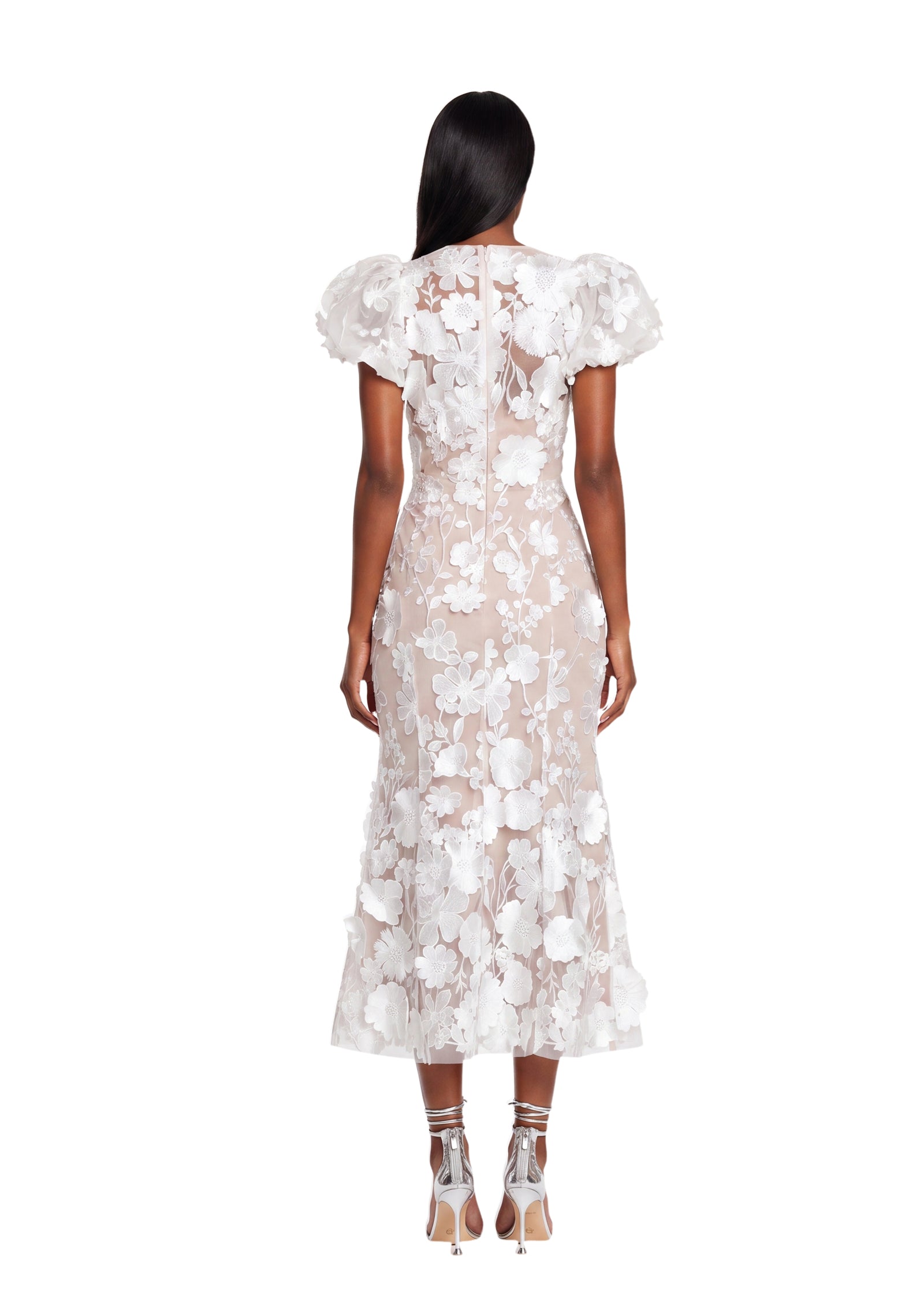 Floral 3D Lace Midi Dress In White (Final Sale-US Only)