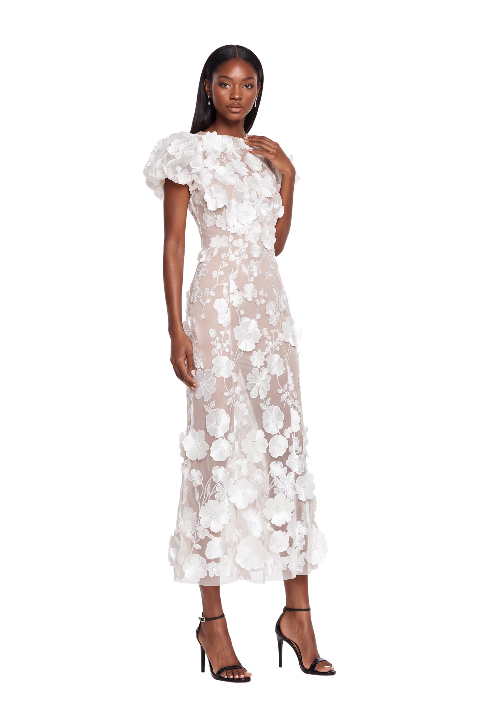 Floral 3D Lace Midi Dress In White (Final Sale-US Only)