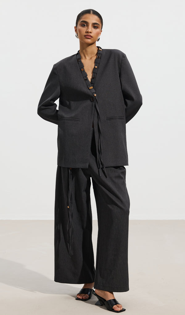 Wooden Button Top & Belted Suit Pants Set