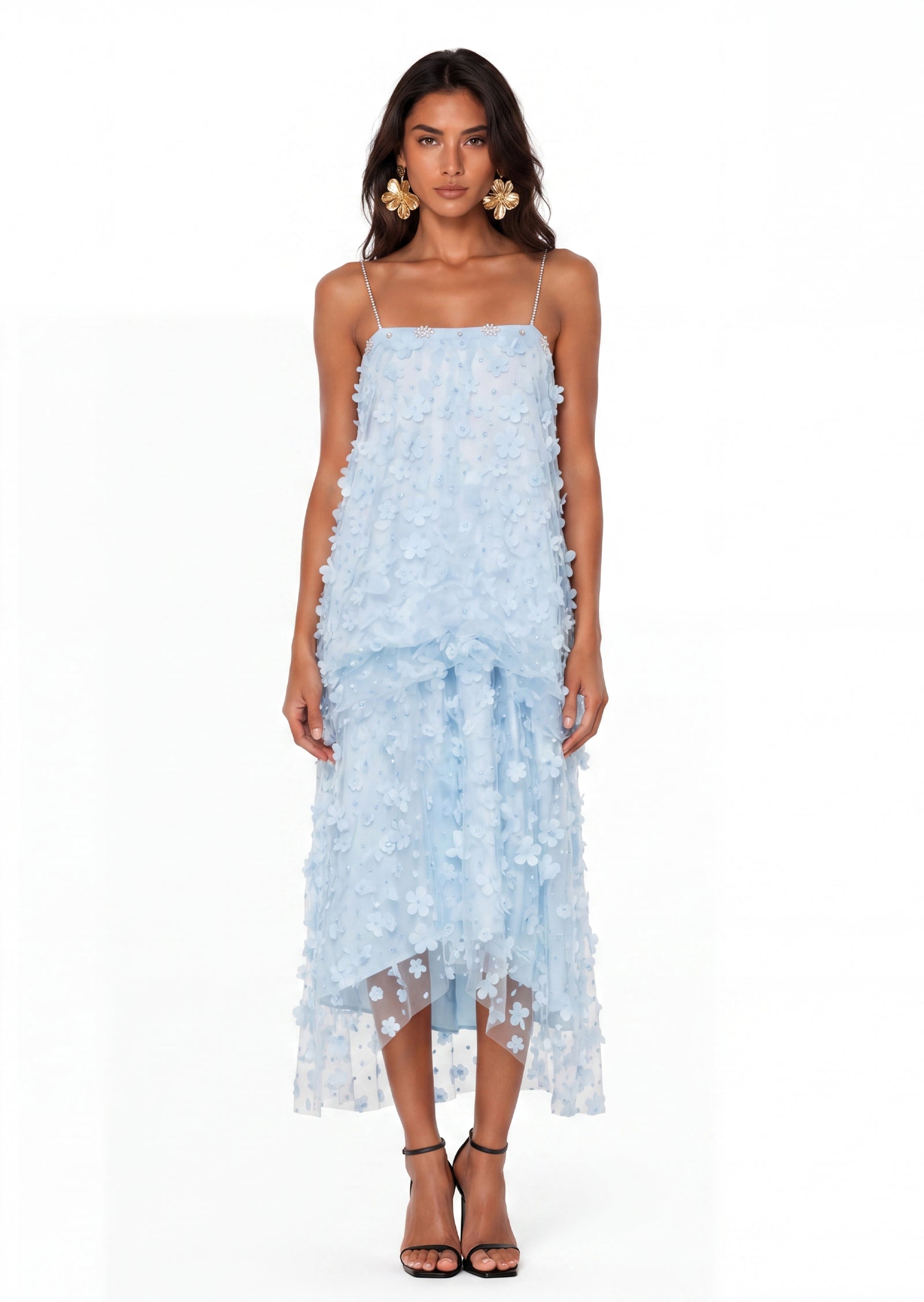 Yauia Mesh Flower Strapless Midi Dress In Blue