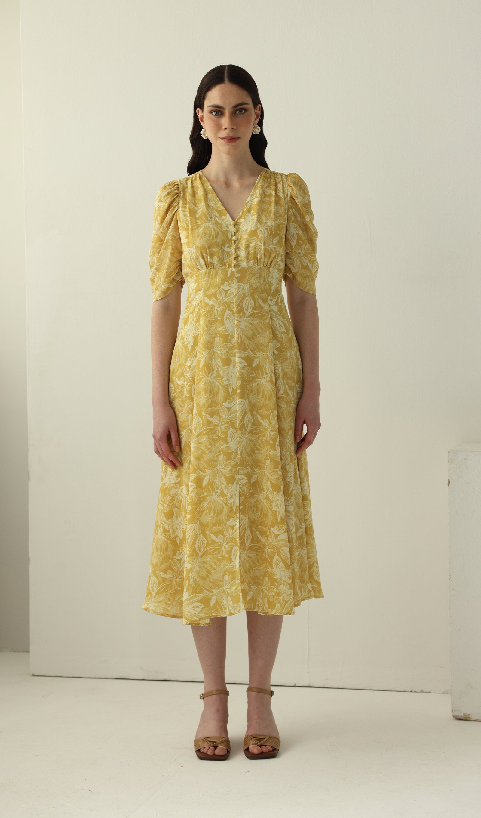 Midikleid in A-Linie mit Blumenmuster und Laternenärmeln