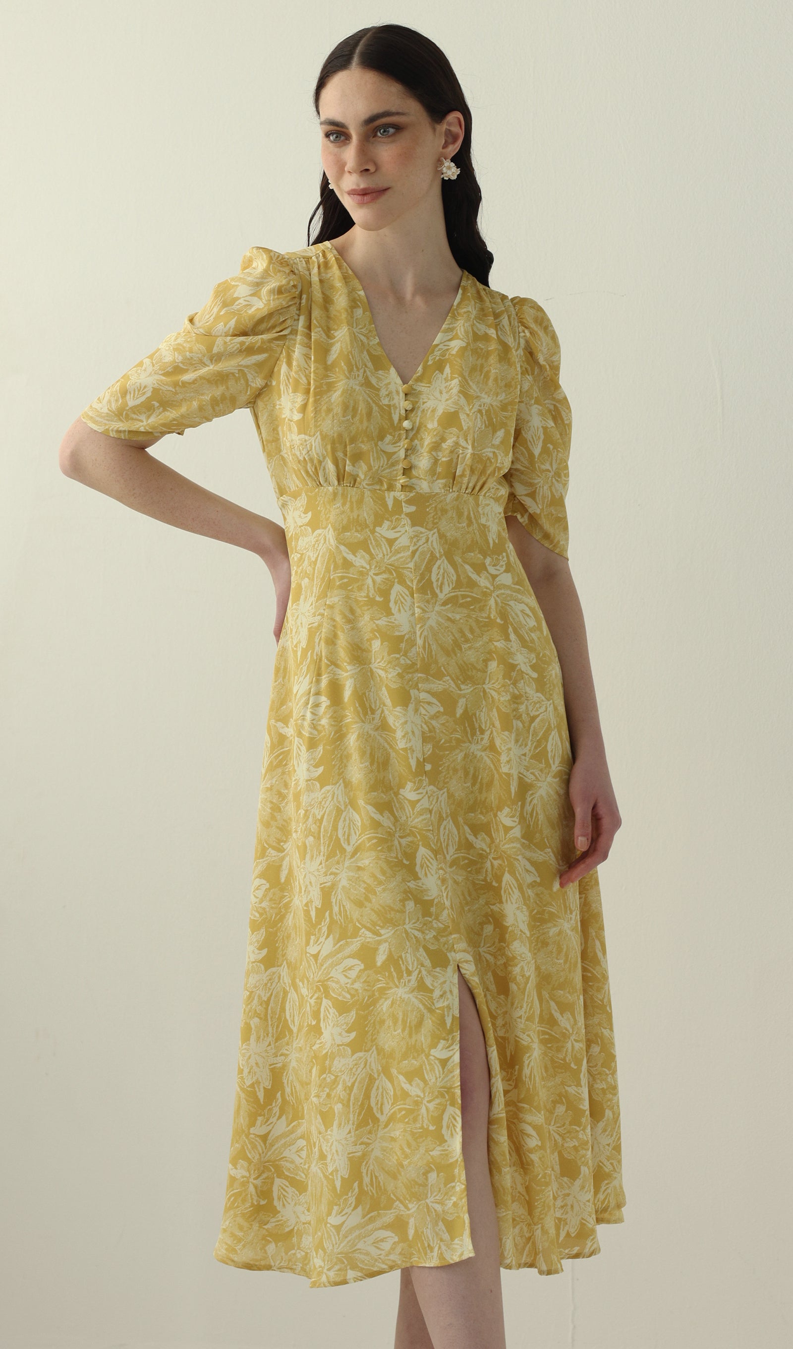 Midikleid in A-Linie mit Blumenmuster und Laternenärmeln