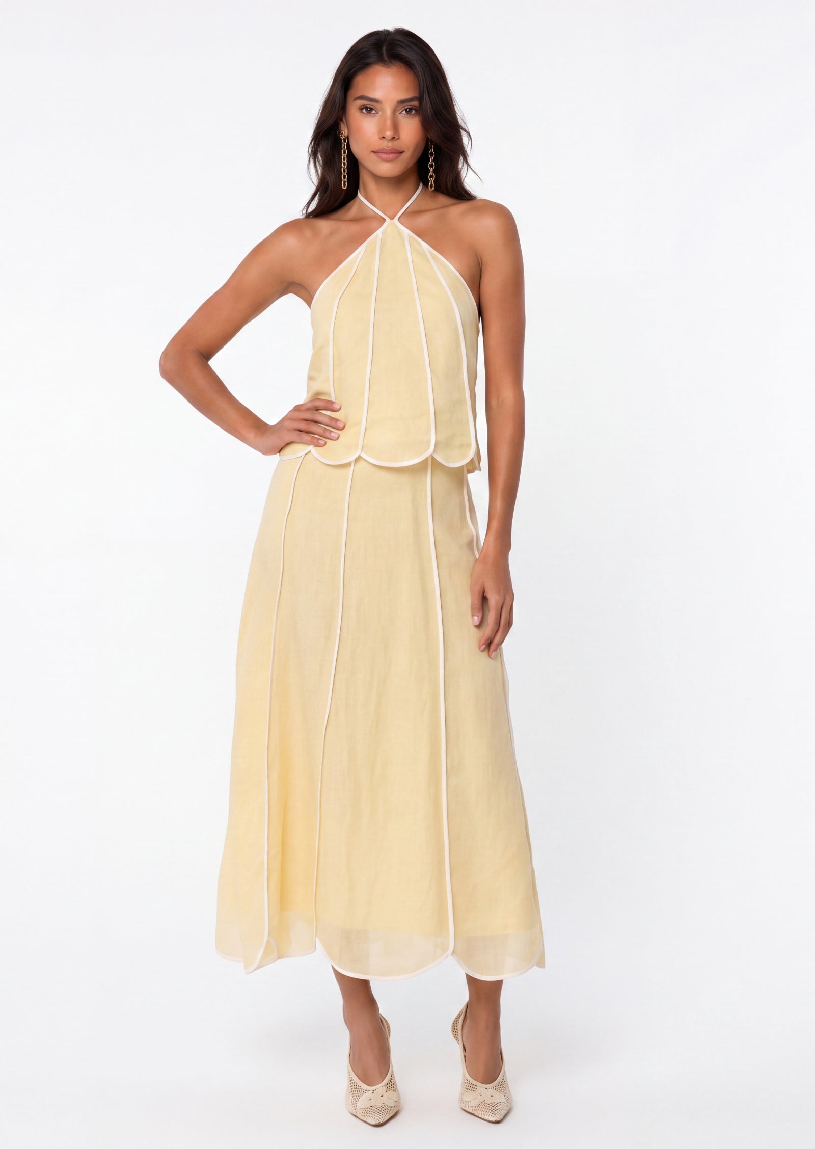 Panelled Halter Top And Midi Skirt Set
