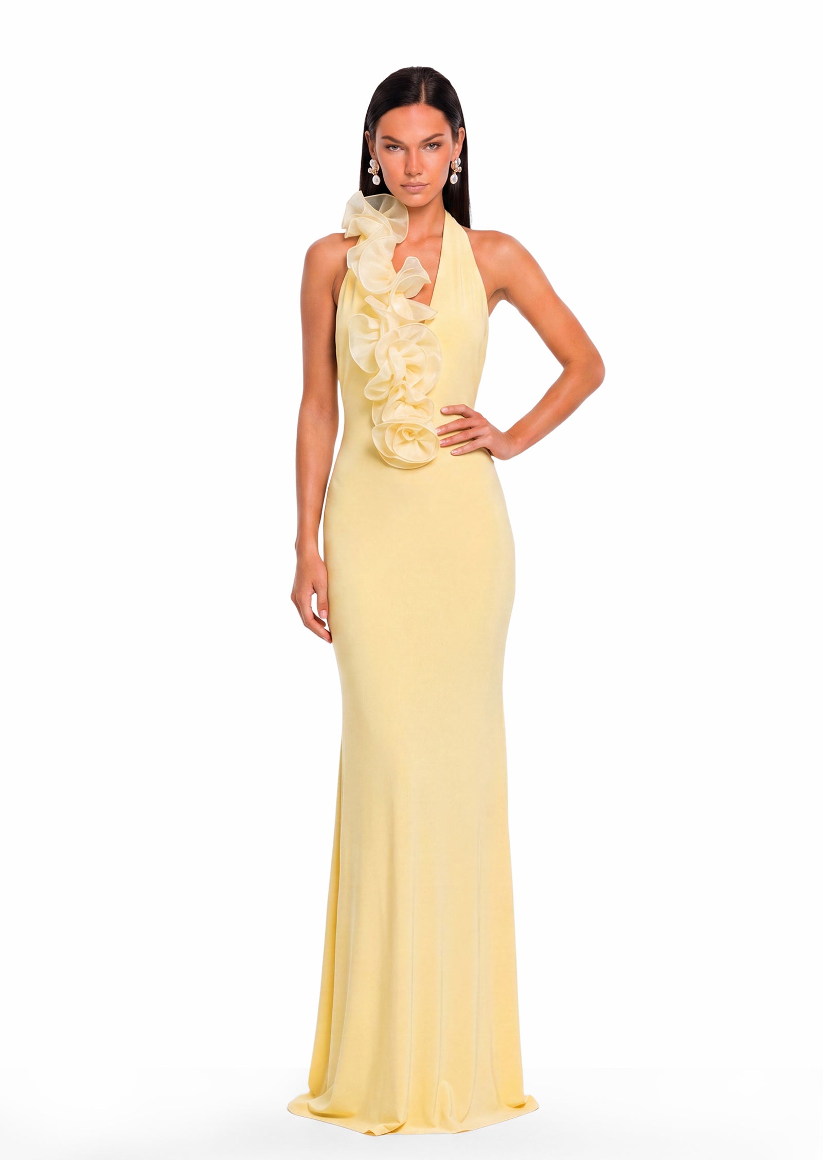 Fahima Deep V-Neck Halter Maxi Dress In Yellow