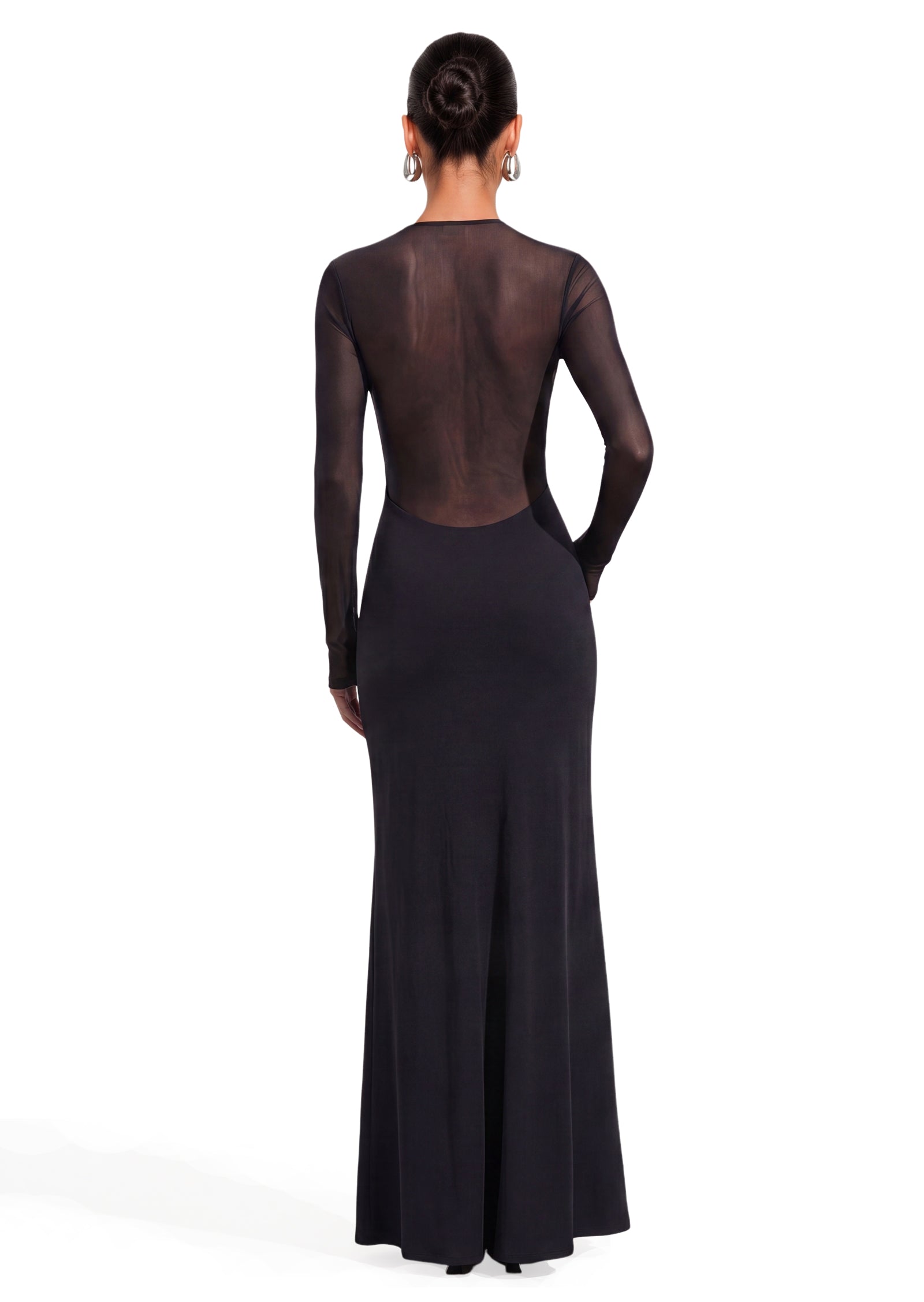 Slinky And Mesh Long Sleeve Maxi Dress In Black (Final Sale-US Only)