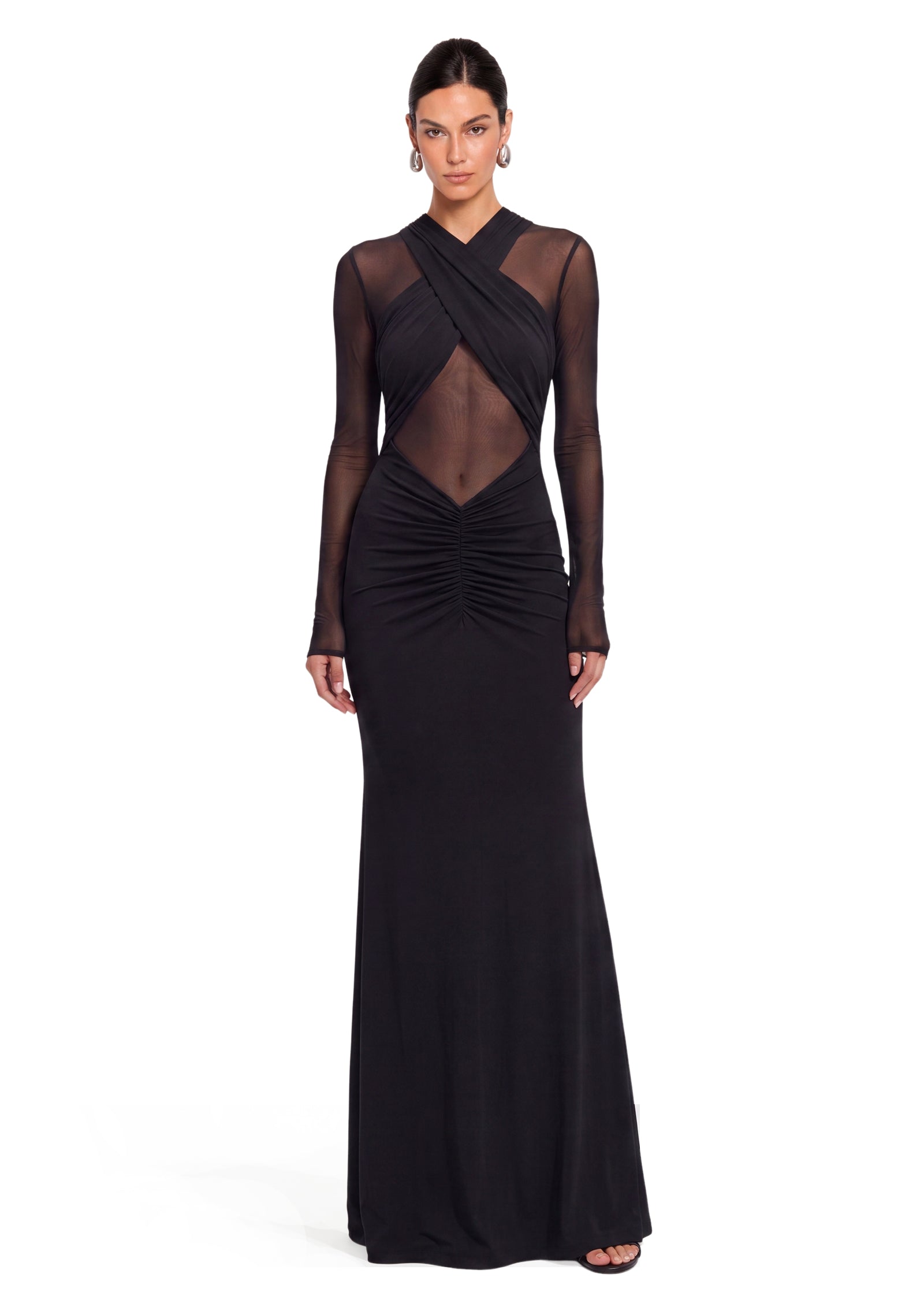 Slinky And Mesh Long Sleeve Maxi Dress In Black (Final Sale-US Only)