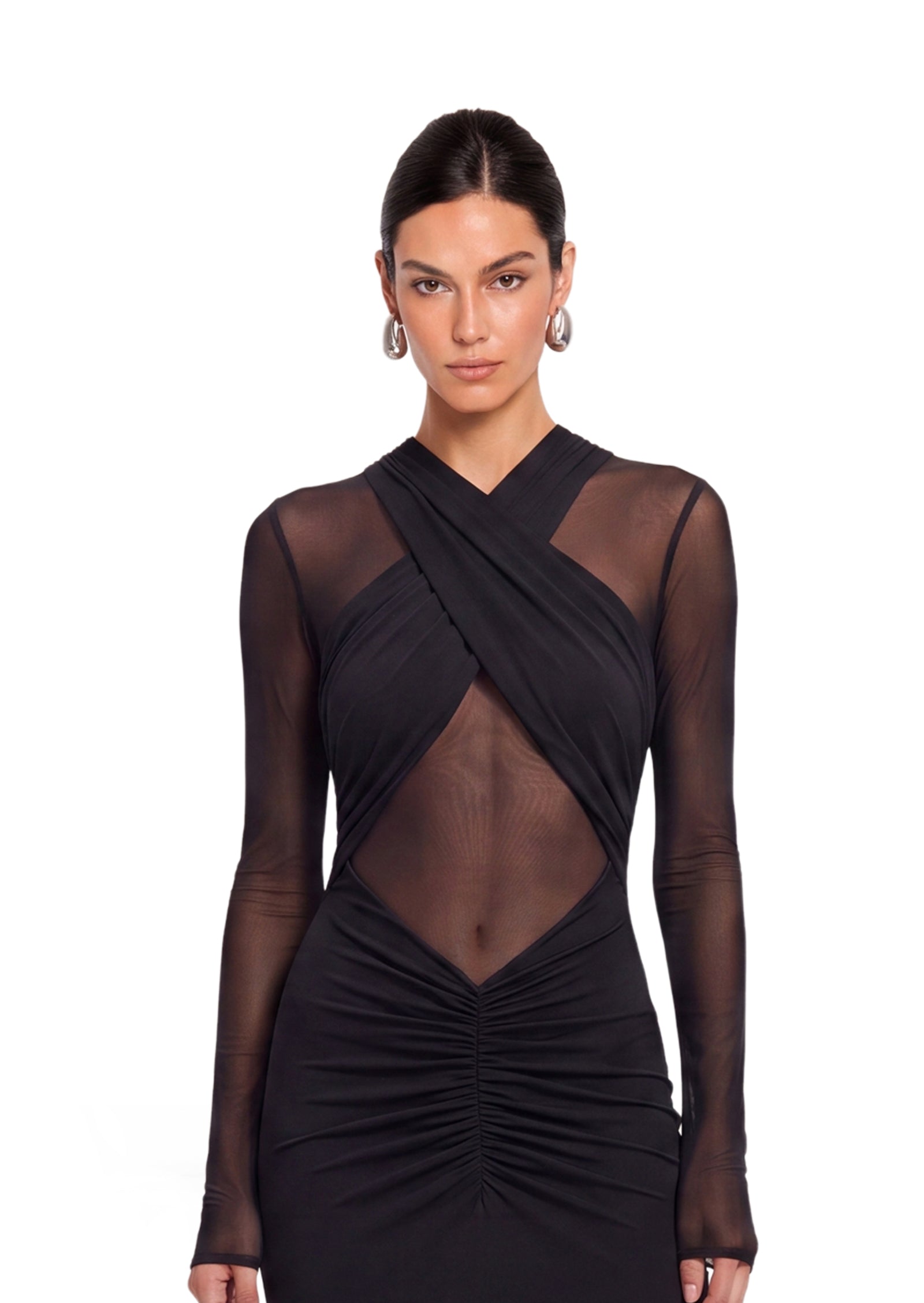 Slinky And Mesh Long Sleeve Maxi Dress In Black (Final Sale-US Only)