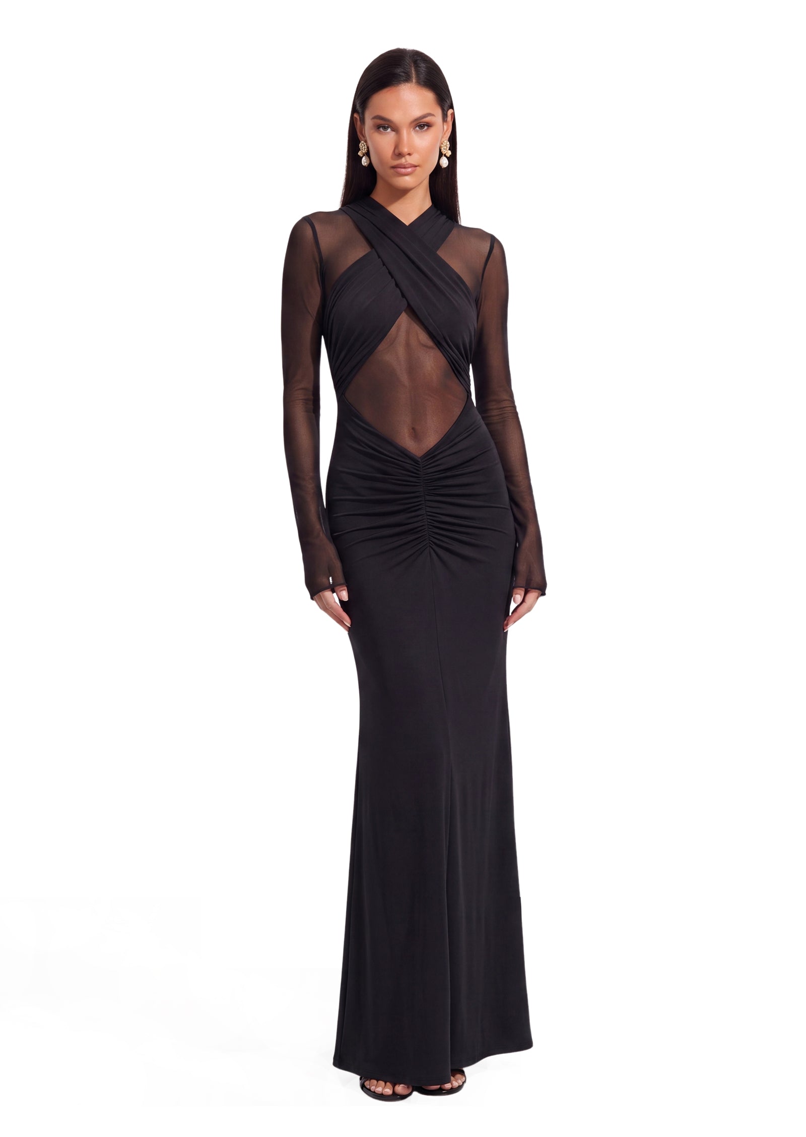 Slinky And Mesh Long Sleeve Maxi Dress In Black (Final Sale-US Only)
