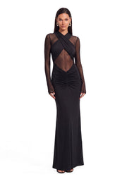 Slinky And Mesh Long Sleeve Maxi Dress In Black (Final Sale-US Only)