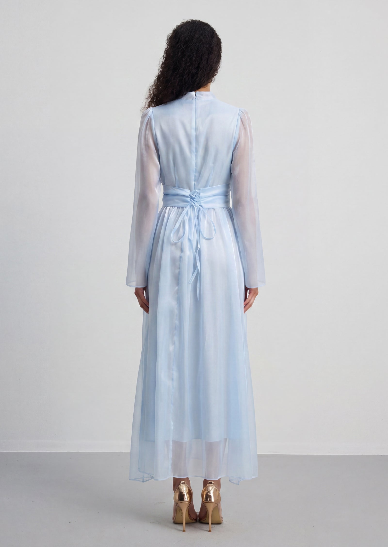 High Neckline Flared Hem Maxi Dress