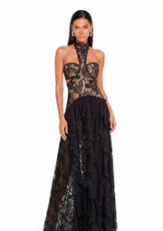 Faisal Floral Embroidered Lace Maxi Dress In Black