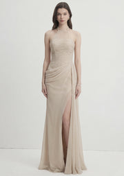 Halter Neck Asymmetrical Ruching Maxi Dress