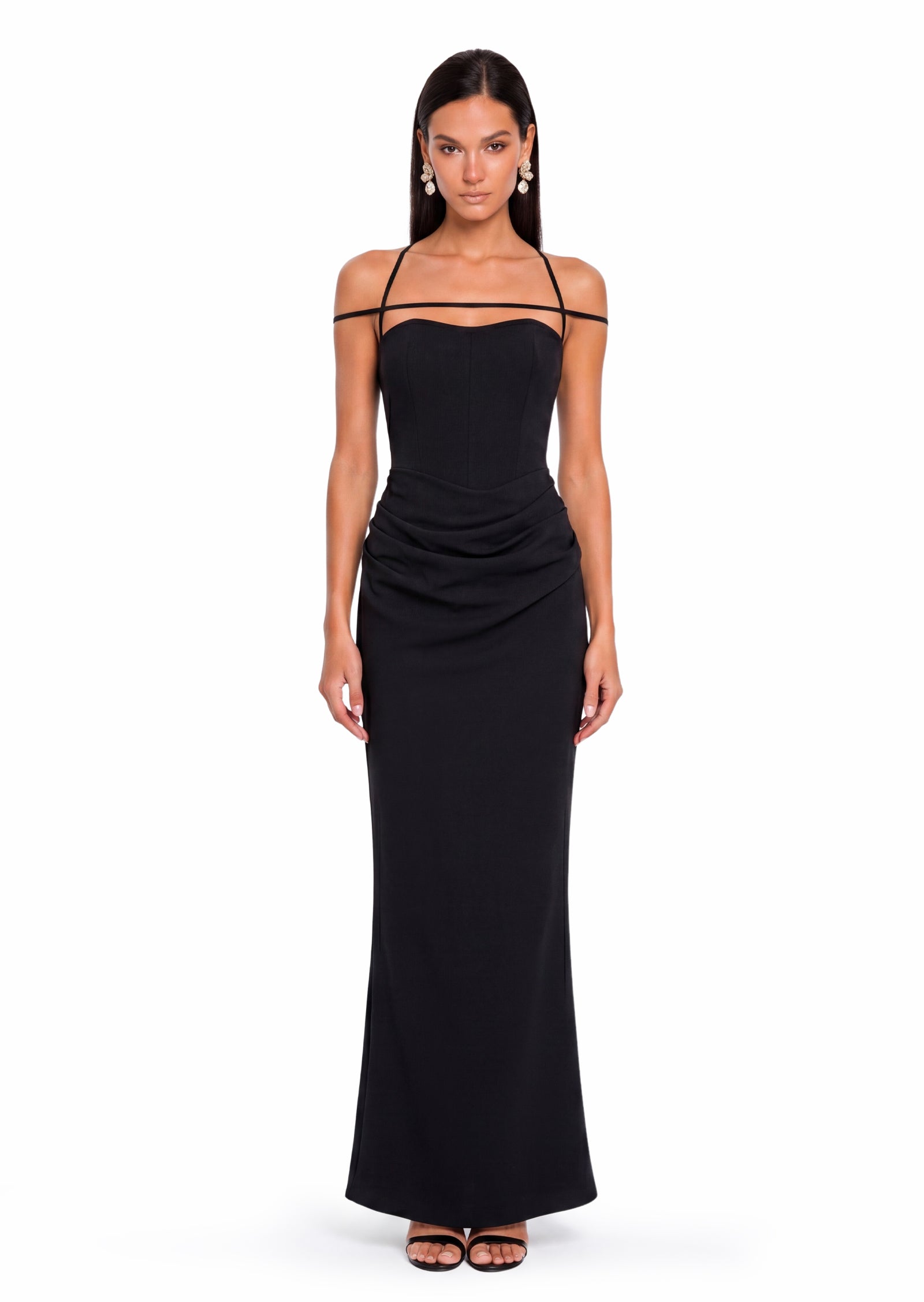 Abilene Off Shoulder Satin Maxi Dress In Black