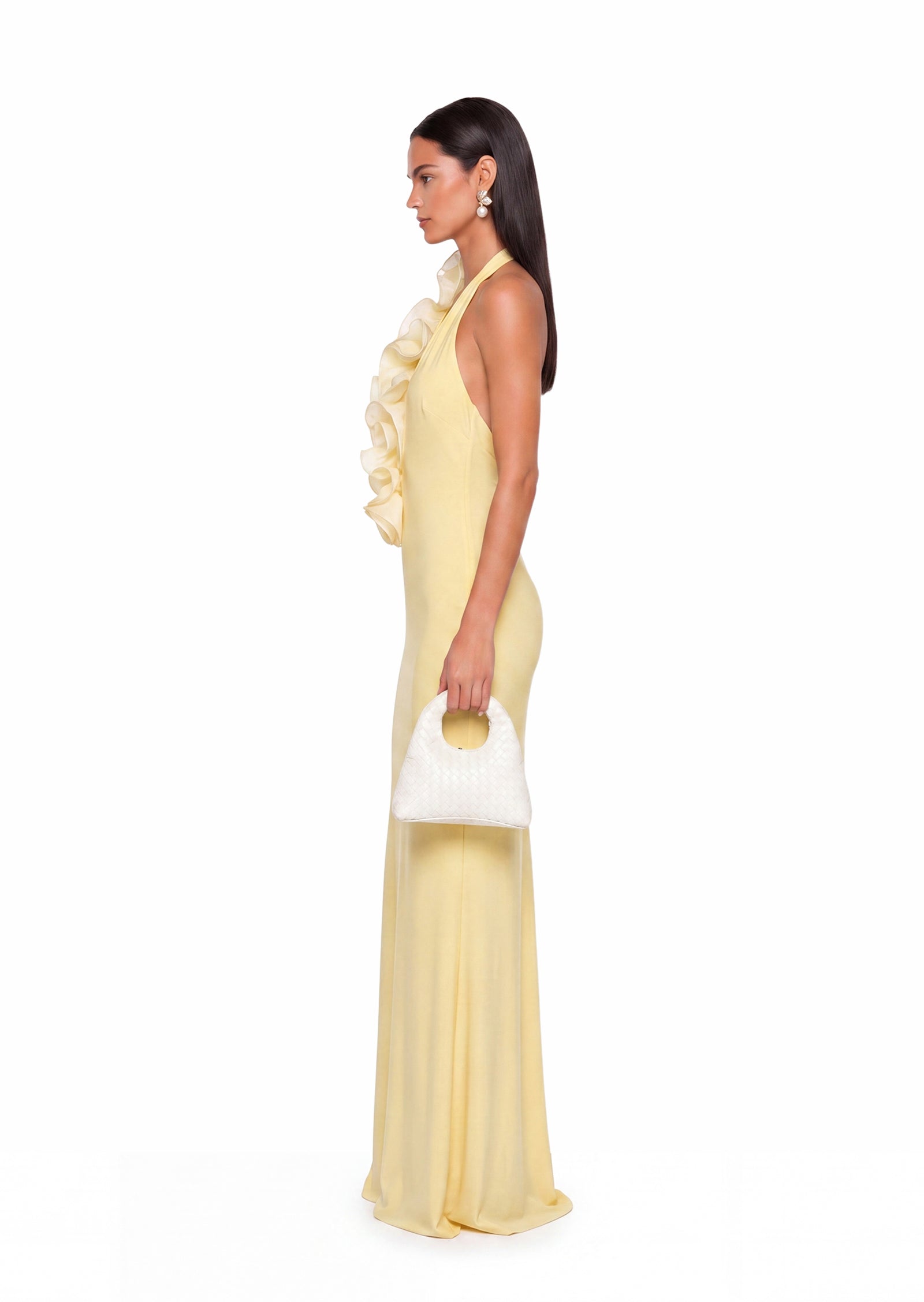 Fahima Deep V-Neck Halter Maxi Dress In Yellow