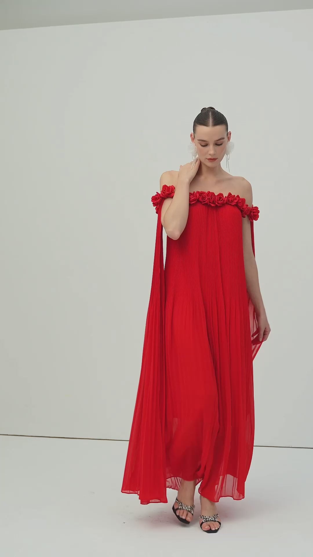 Load video: Off Shoulder Draped Maxi Dress