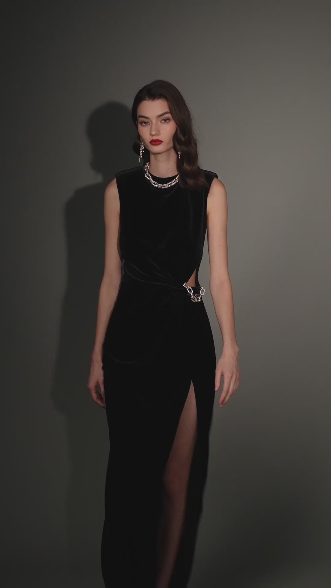 Load video: Embellished Velvet Split Maxi Dress In Black