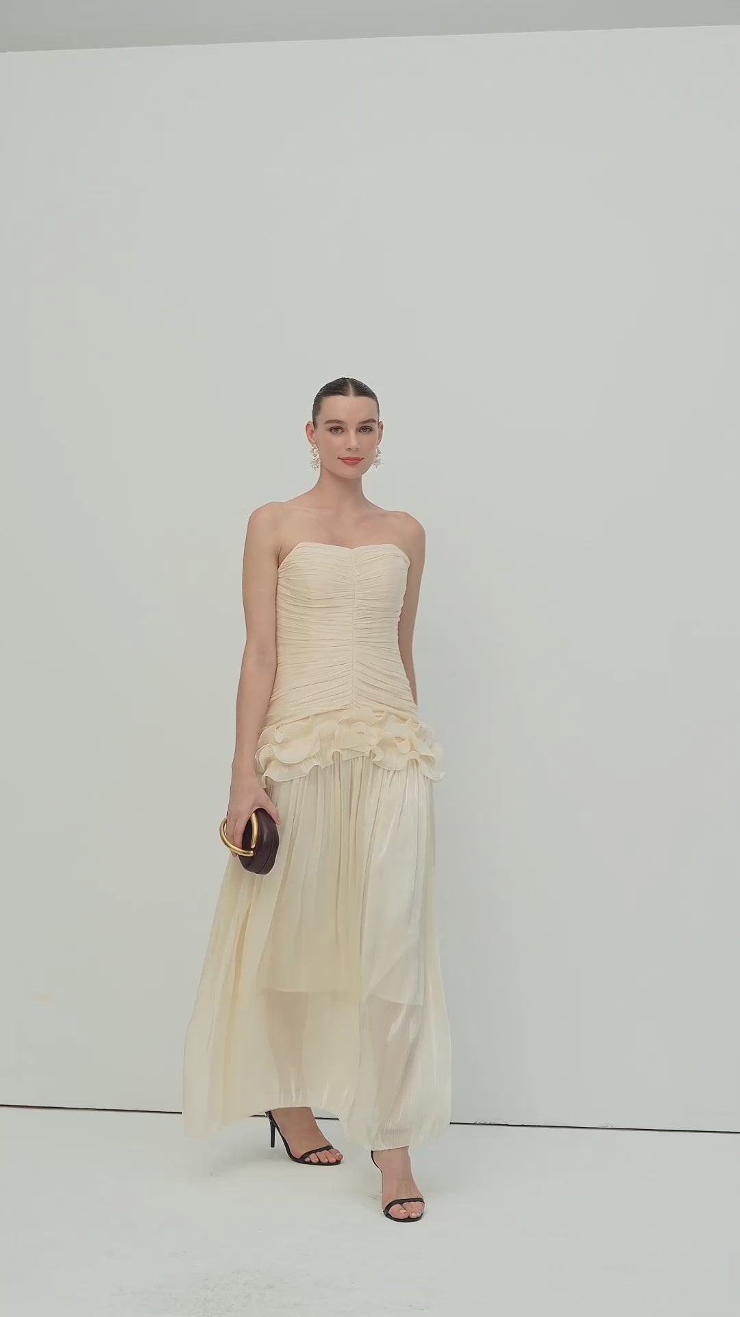 Load video: Slim Strapless Ruffle Maxi Dress