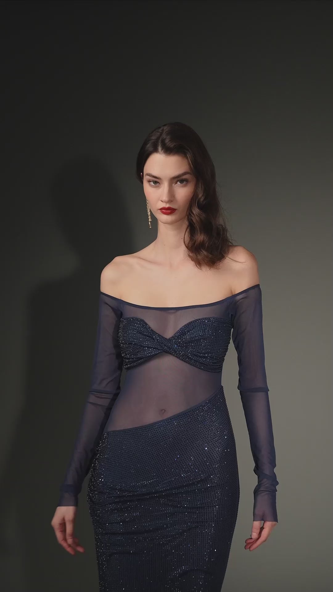 Load video: Diamante Off Shoulder Maxi Dress In Navy