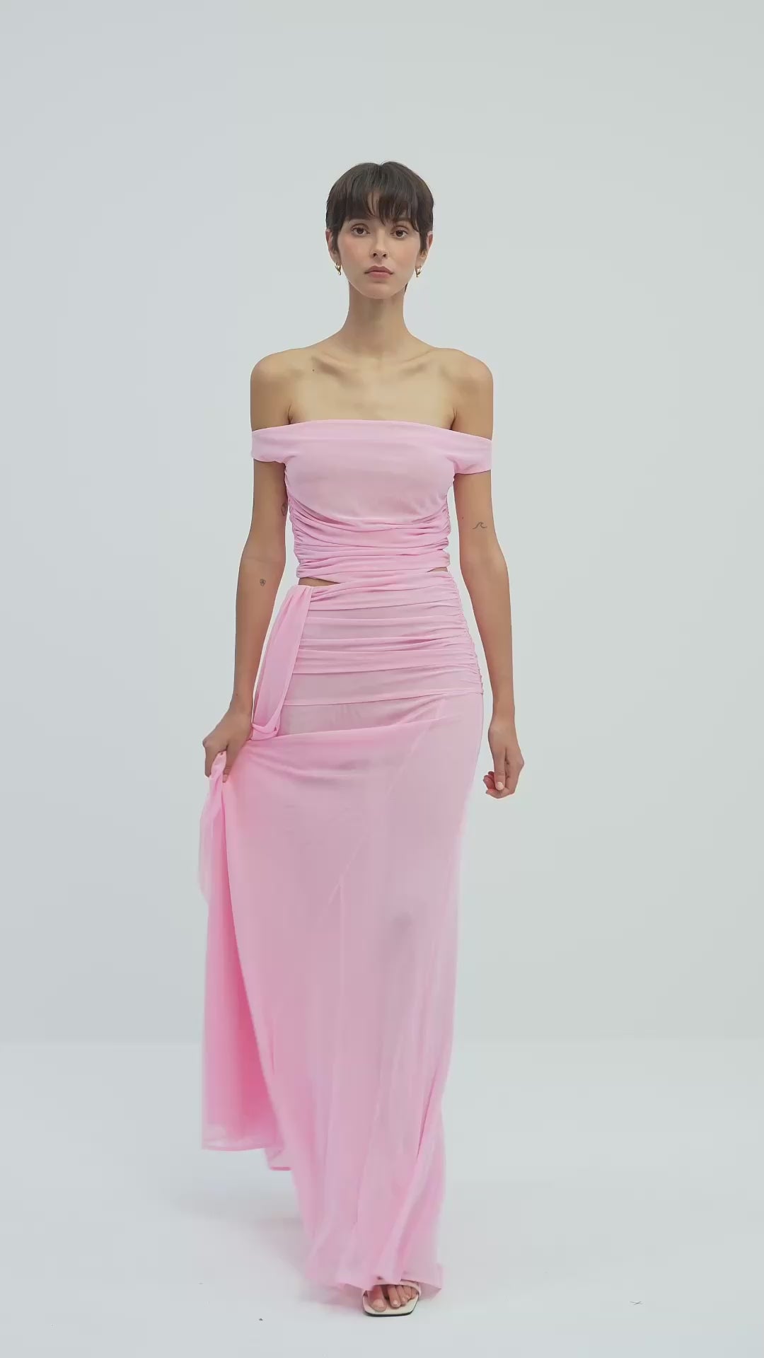 Load video: Mesh Top &amp; Maxi Skirt In Pink