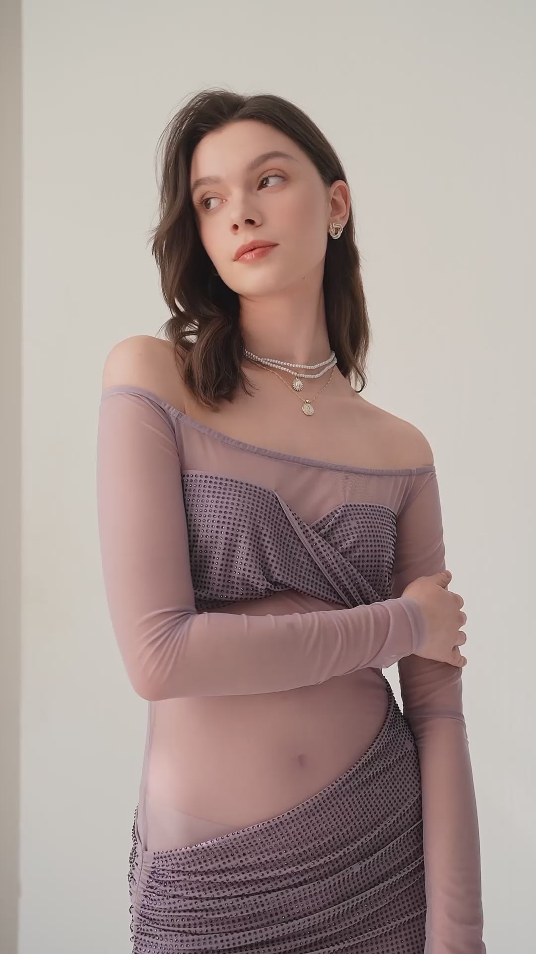 Load video: Diamante Off Shoulder Maxi Dress - Gray Purple
