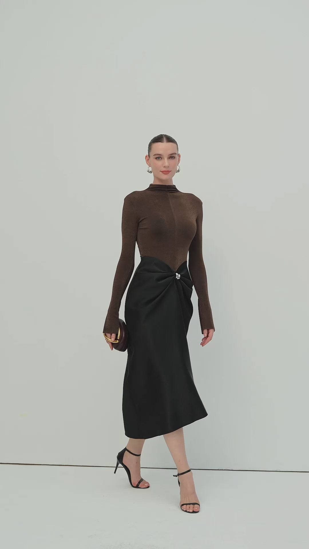Load video: Asymmetrical Pleat Maxi Dress Brown