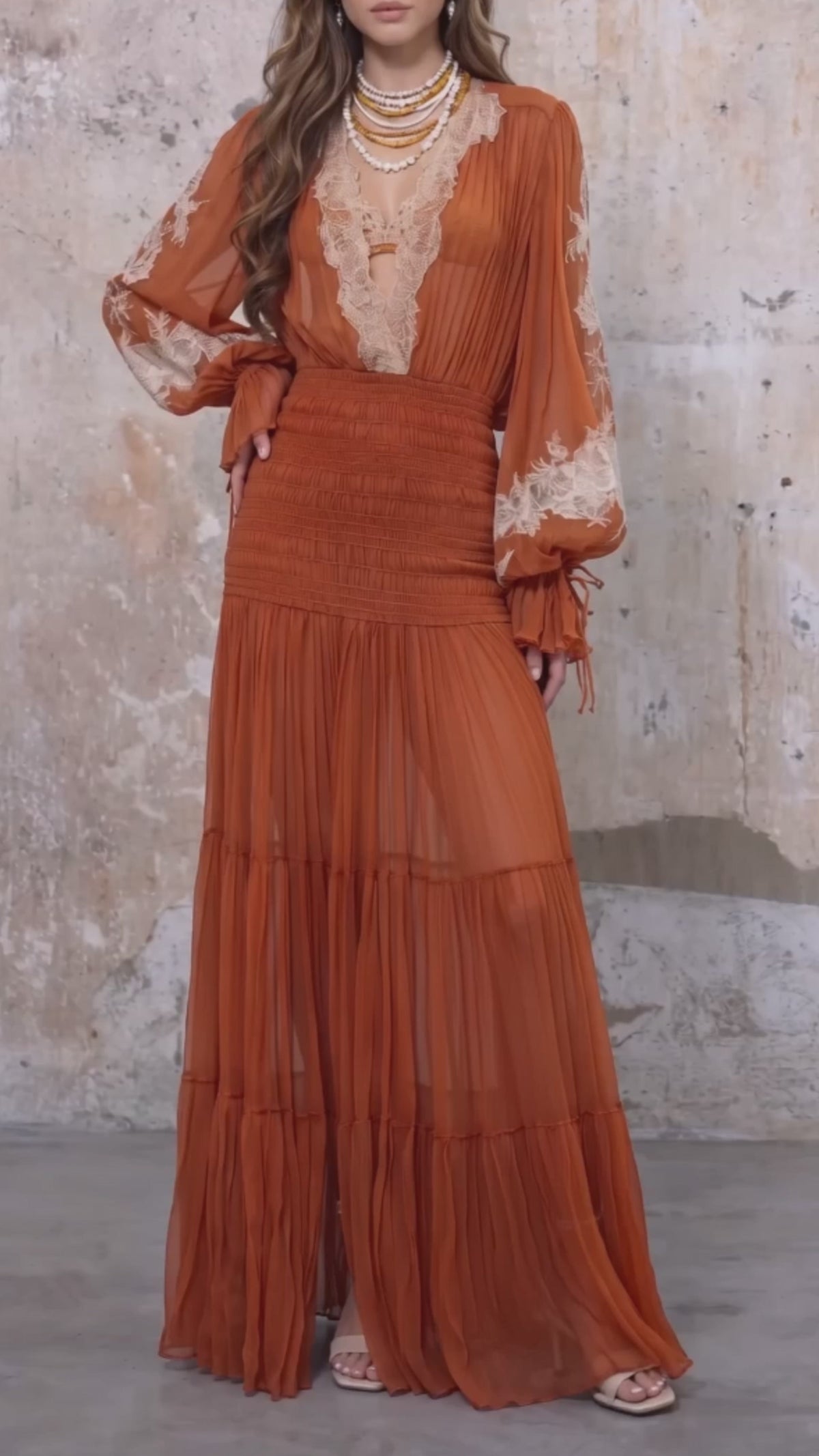 Load video: Macario Long Sleeve Lace Maxi Dress