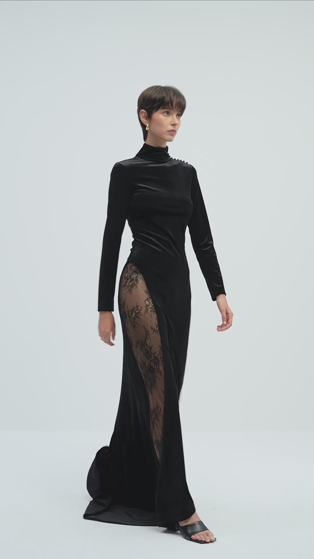 Load video: Semi-Sheer Lace Velvet Maxi Dress