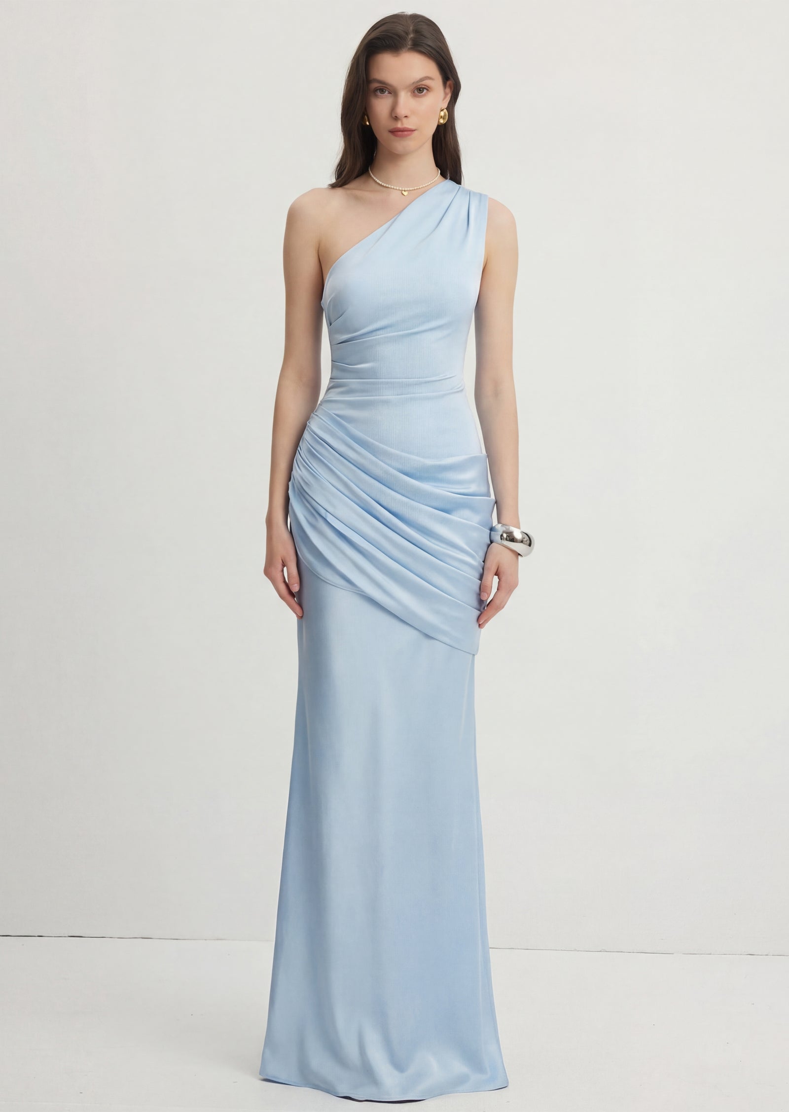 One Shoulder Pleated Maxi Dress In Glacier Blue