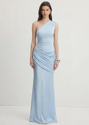 One Shoulder Pleated Maxi Dress In Glacier Blue