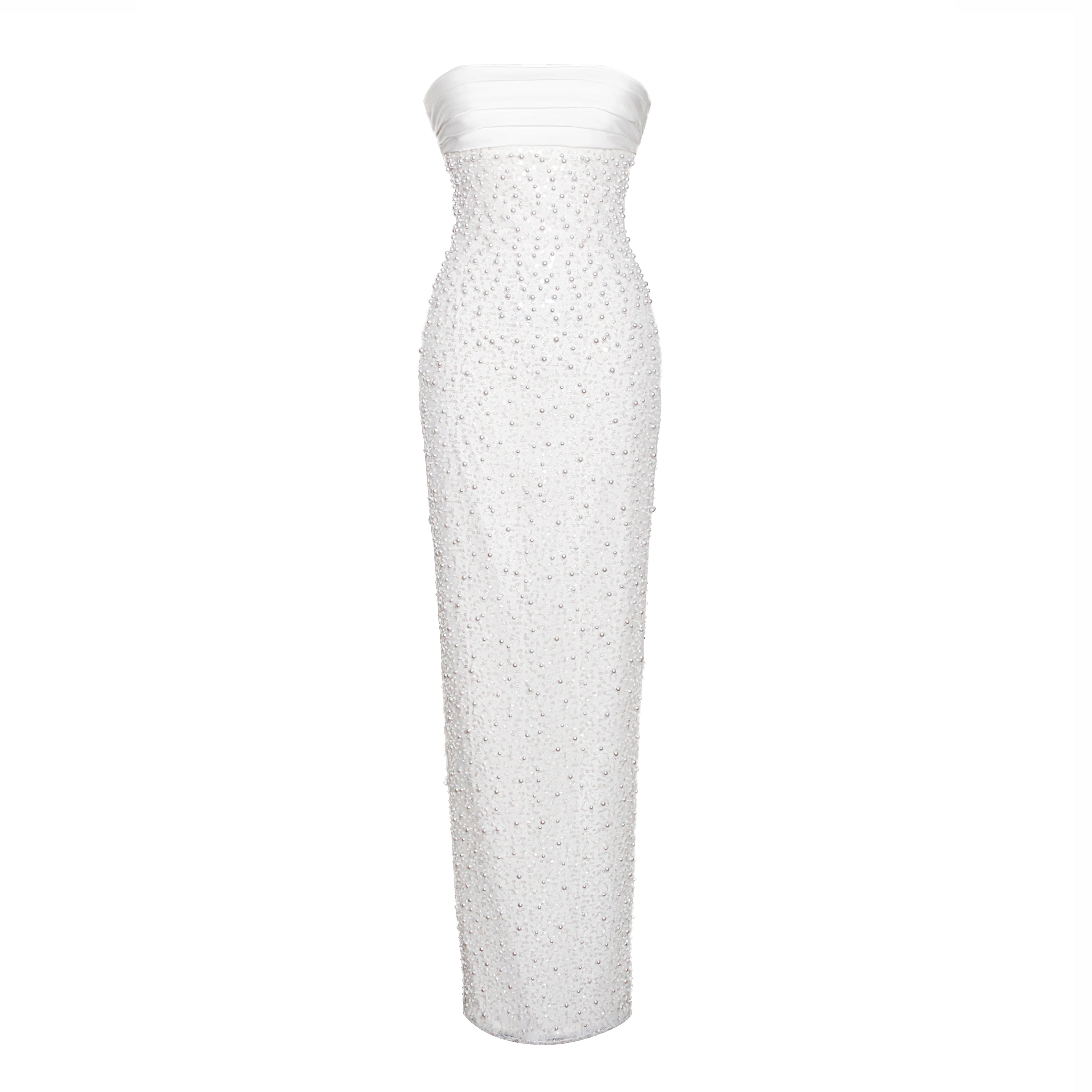 Gadiel Satin Sequin Pearls Beaded Maxi Dress