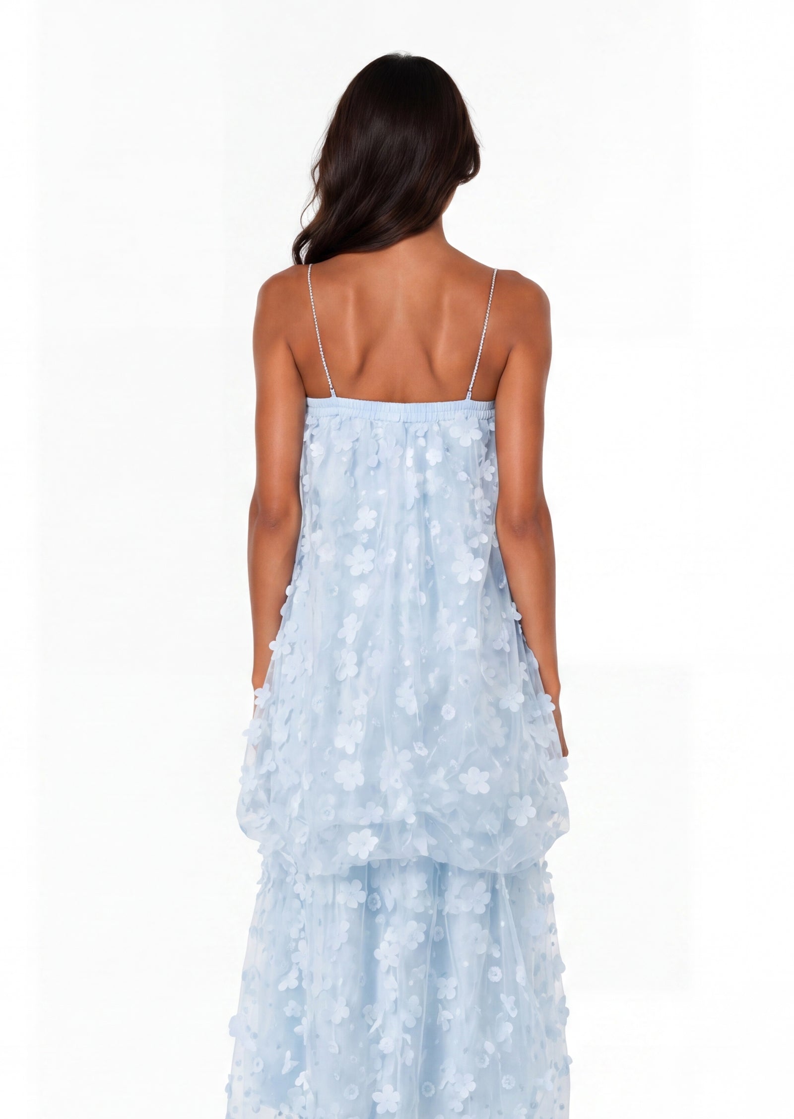 Yauia Mesh Flower Strapless Midi Dress In Blue
