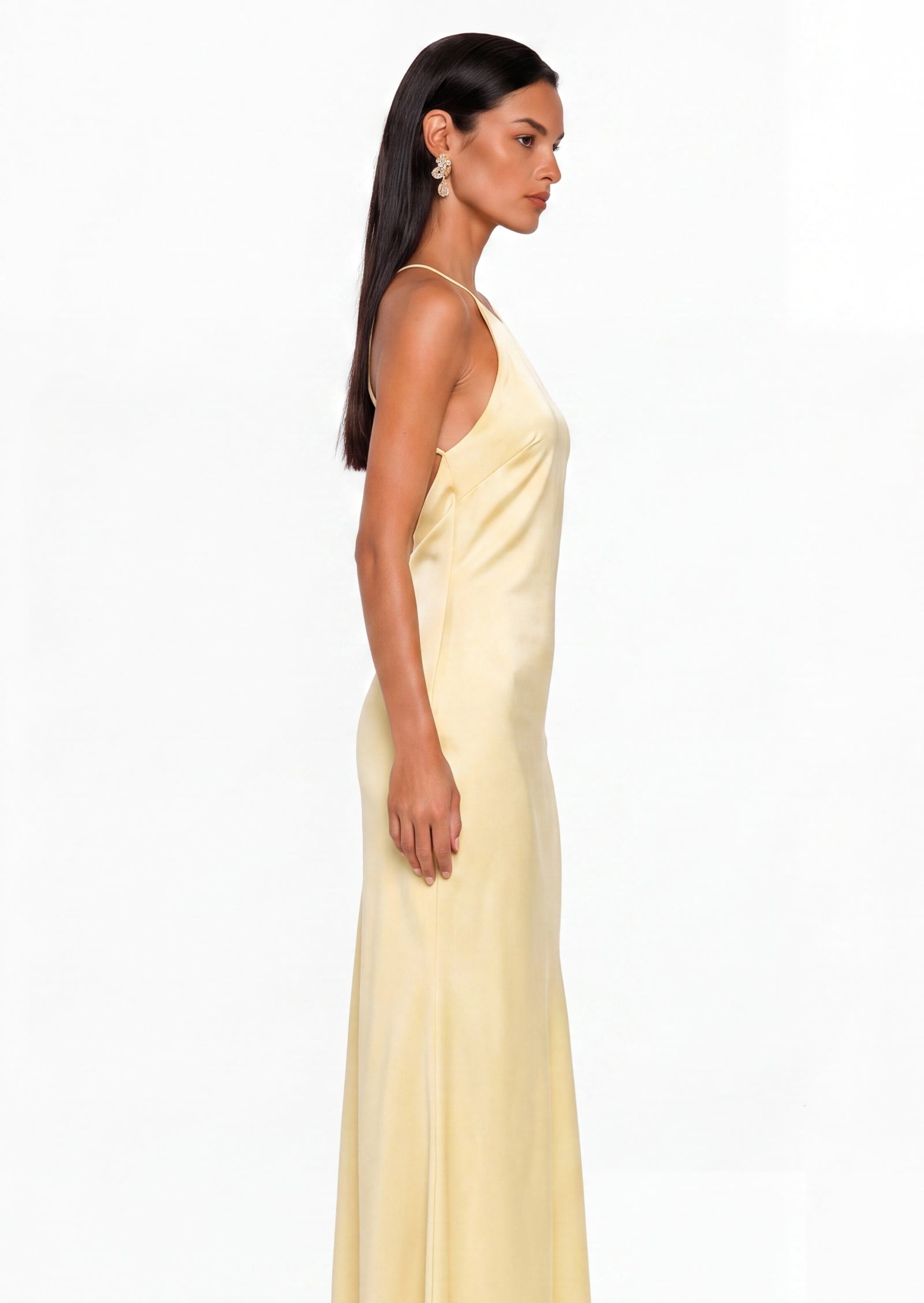 Falan Halter Backless Satin Maxi Dress In Gold