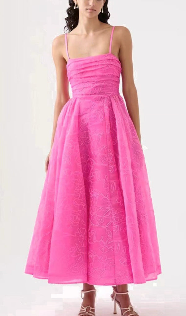 Besticktes Fit and Flare Midi-Trägerkleid Rosa